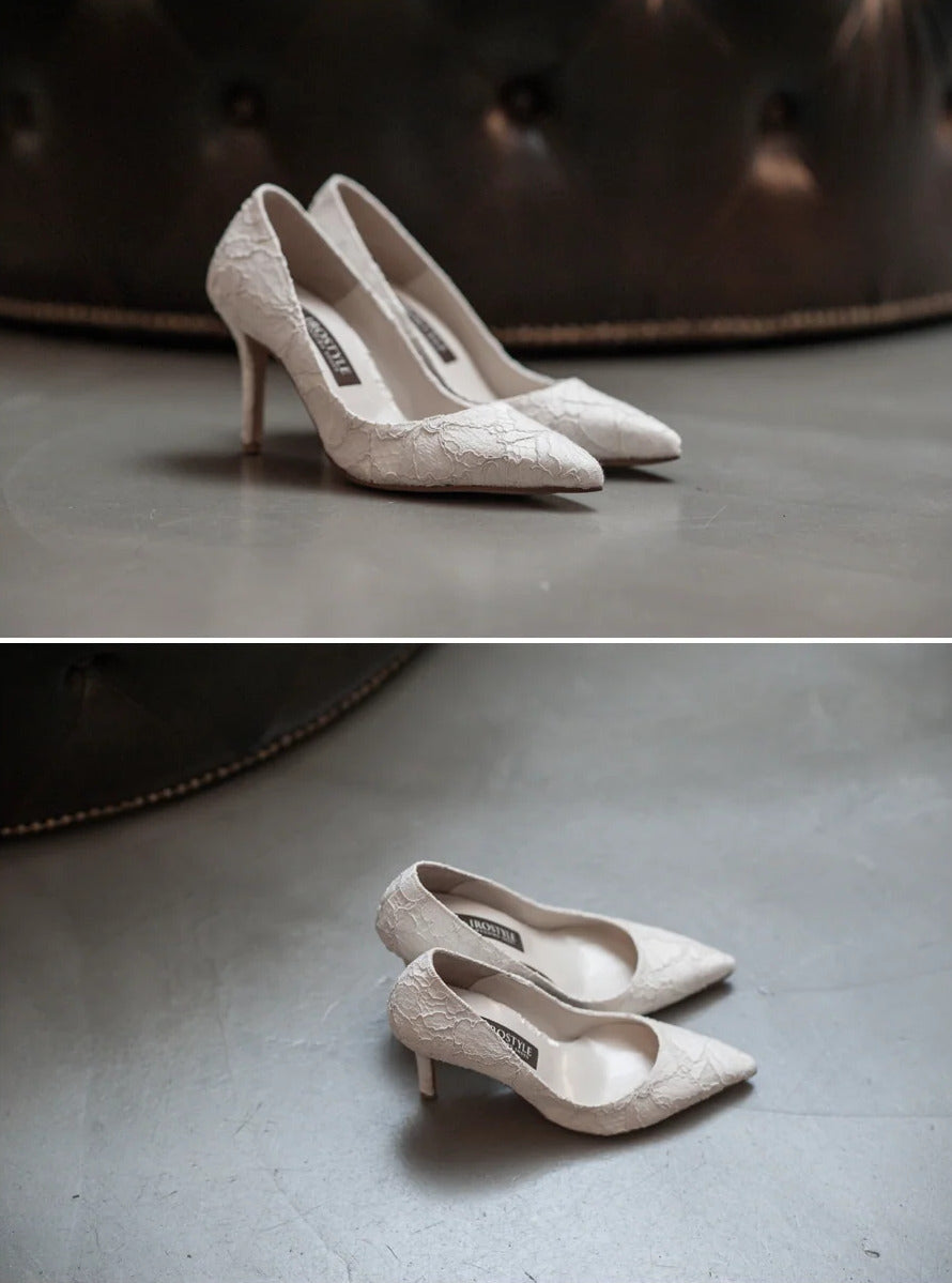 ヒール1.5cm-10cm│レーシーポインテッドトウパンプス ホワイト